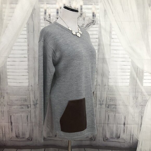 J Crew Womens Small Crewneck Merino Wool Sweater Gray Brown Faux Leather Pockets - Picture 9 of 11